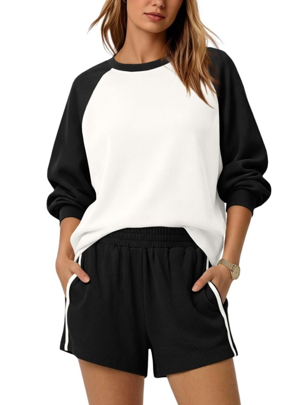 Waffle Knit Lounge Set Women 2 Piece Shorts Set Travel Outfit